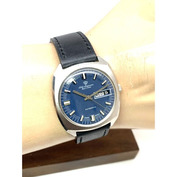 Jules Jurgensen Men's Watch Vintage Swiss Automatic Blue Dial Day Date 35mm - Picture 12 of 15